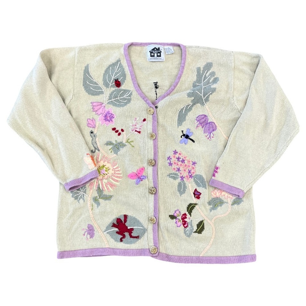Storybook Knits green purple animals flowers Cardigan Sweater Size L